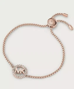MICHAEL KORS Rose Gold Pave Logo Charm Slider Bracelet MKJ7321791 MKJ7321 NIB - Picture 1 of 6
