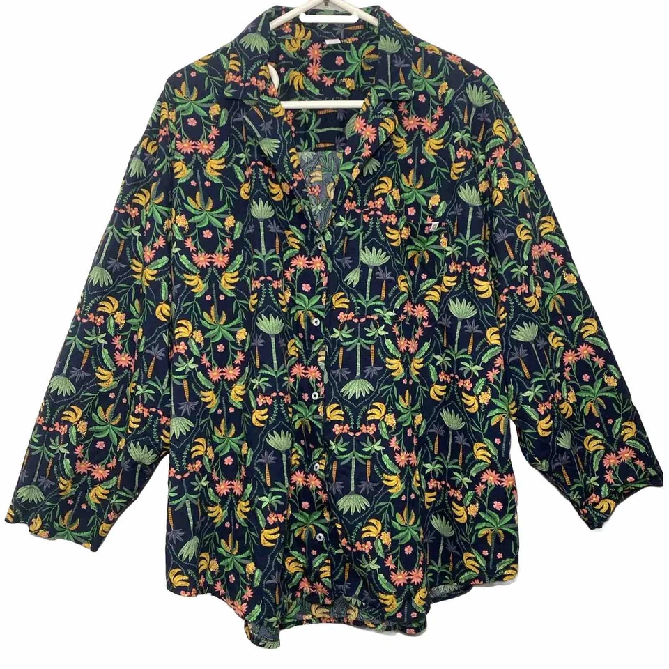 Top con botones estampado floral palmera plátano tropical azul marino antiguo para mujer XXL Foto 1 de 4