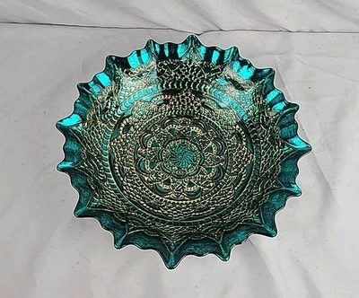 EFE SCALLOPED DECORATIVE TURKISH GLASS BOWL - HAND MADE - GENUINE SILVER REVERSE - Image 1 of 4