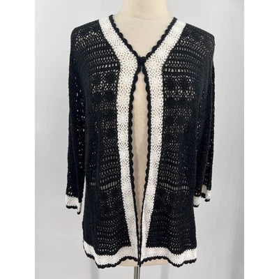 Suéter Vintage April Cornell Mujer Crochet Cárdigan Negro Blanco Cottagecore M Foto 1 de 4