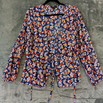 Blusa boho manga larga Banana Republic para mujer mediana azul floral lazo cintura Foto 1 de 4