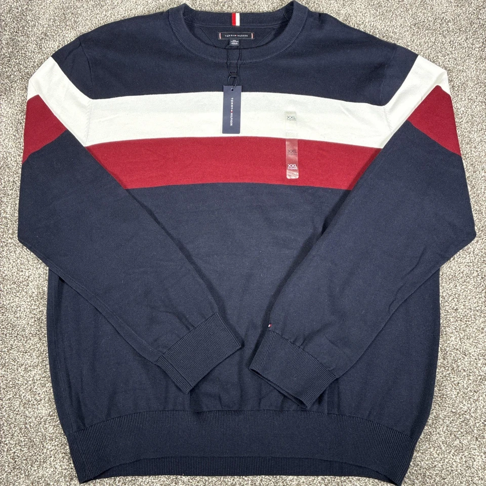Men's Tommy Hilfiger Striped Crewneck Sweater XXL New Tags Navy White Red - Image 1 of 4