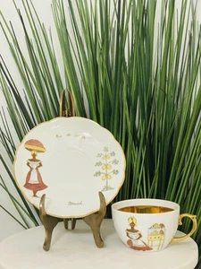 Vintage Handpainted Cup & Saucer Brazil Woman Coffee Bean Art – AS IS - Bild 1 von 9