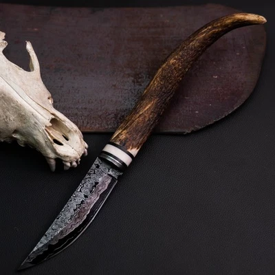 Готовый к подарку 12,2-дюймовый дамасский/стальной нож с накладным монтажом для охоты + кожаные ножны - Изображение 1 из 4