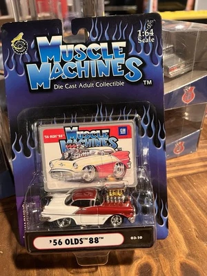 1956 OLDS 88 OLDSMOBILE '56 MUSCLE MACHINES 1/64 DIECAST RED & WHITE 03-10 - Image 1 of 2