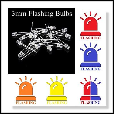 3mm FLASHING Clear Lens 3v LED Bulbs For Your Cars,Trains Etc. In 5 Colours • 2.42£