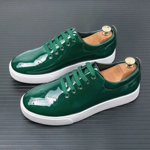 Men Patent Leather Casual Shoes Lace Up Green Business Formal Brogue Carved Shoe - Picture 1 of 26