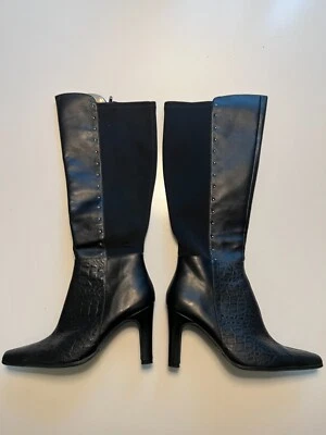 Bellini Valley Womens Croc Embossed Boot Black Stretch Stud Embellished  Sz 8.5 - Image 1 of 4