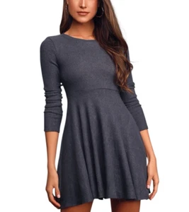 Lulus X-Small Denim Blue Fit and Flare Ribbed Long Sleeve Skater Dress Soft - Picture 1 of 6