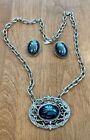 VTG WHITING DAVIS HEMATITE PIN/ BROOCH  CHAIN NECKLACE+ MATCH  CLIP EARRINGS SET