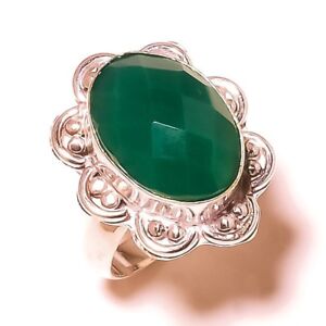 Natural Green Onyx Oval Cut Gemstone Silver Overlay Handmade Design Ring US-8.75