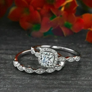 14K White Gold Plated 2Ct Cushion Cut Lab Created Bridal Set Engagement Ring - Picture 1 of 7