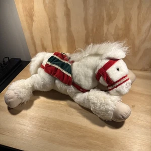 Vintage Commonwealth White Horse Pony Plush Christmas Green Red Saddle 24” READ - Picture 1 of 14