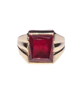Men's 14k Solid Yellow Gold Signet Ring With Lab Created Ruby Center Stone Size - Picture 1 of 5