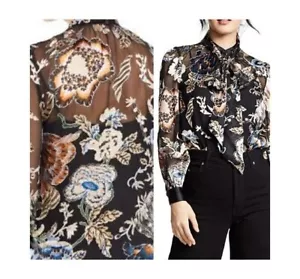 Tory Burch Midnight Happy Times Bluse mit Schleife Größe 00 schwarz Blumenmuster Langarm 328 $ - Bild 1 von 15