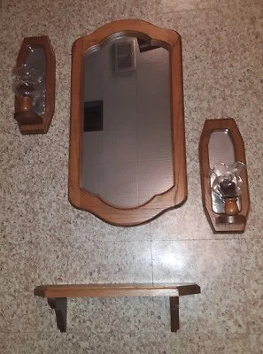 Decorative Solid Oak Wall Mirror Set with Two Candle Mirrors and Shelf - Nice! Foto 1 de 4