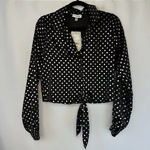 Olsenboye Womens Blouse Button Shirt Crop-top Tie Black Silver Polka Dot Vintage - Picture 1 of 9