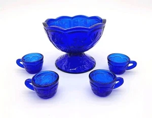 Vintage Kobaltblau Kinder Mini Bowle Schüssel Set Tassen lachende Forelle Glas Vogelsong - Bild 1 von 4