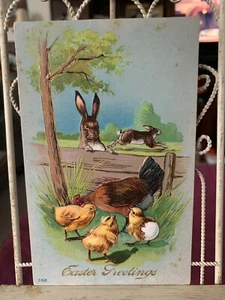 EASTER GREETINGS Brown Rabbits Hen Chicks Egg Country Scene Vintage Postcard - Bild 1 von 6