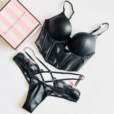 32C MEDIUM Victoria’s Secret black faux leather bra set brazilian panties - Image 1 of 4