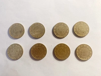 Vintage Italian Coins Lot – 8x 200 Lire Pre-Euro 1970s–1990s REPUBBLICA ITALIANA - Image 1 of 2