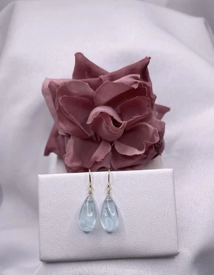 14K Yellow Gold Aquamarine Dangle Earrings Natural Briolette Handmade Minimalist - Image 1 of 4