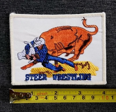 Rodeo Souvenir STEER WRESTLING Bronco Bustin Rodeo Bull Sew On  Collectors Patch - Image 1 of 4