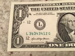 MINI SUPER REPEATER 34s FANCY SERIAL NUMBER 1 DOLLAR BILL L343434012G  3s 4s - Picture 1 of 9