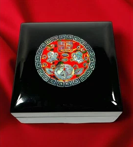 Chinese Red Lacquer Mother Of Pearl Inlay Jewelry Trinket Box Vintage - Picture 1 of 16