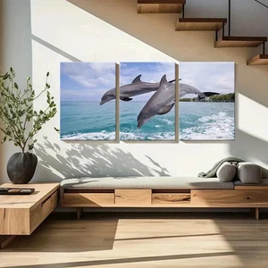 3pcs Dolphins Jumping Out Of The Sea Wall Art Canvas Framed 50x70cm - Bild 1 von 3