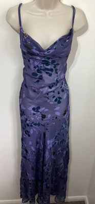 Monsoon Purple Devore Long Maxi Wiggle Bias Cowl Dress 14 Silk Burnout Vintage - Image 1 of 4