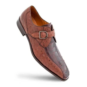 MEZLAN Men's Genuine Full Quill Ostrich Leg Monk Strap Brown Shoes (10) - Picture 1 of 5