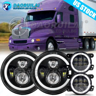 For Kenworth T2000 Truck 7" inch Round LED Headlights + 4" Fog Light Combo Kit — 第 1/4 张图片