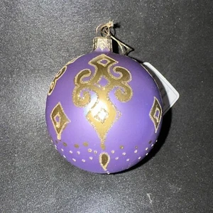 Beautiful 3” Mouth Blown Glass Bauble Ornament Hand Painted Purple w Gold NEW - Picture 1 of 4