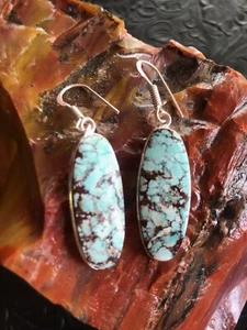 Blue Turquoise Web Matrix Oval Drop Earrings 1.75" Artisan Southwest - Picture 1 of 3