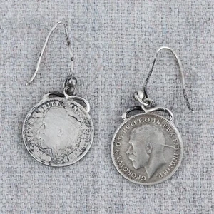 Antique 1920s King George V Sterling Silver 3 Pence Coin Drop Dangle Earrings 1⅛ - Picture 1 of 5