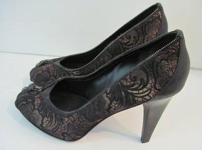DONALD J PLINER ZEPPEL Black Brown Floral Fabric  Zipper Trim Peep Toe Heels 8 M - Image 1 of 4