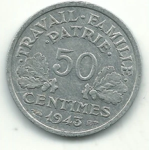 A HIGH GRADE XF/AU 1943 FRANCE 5 0 CENTIMES COIN-JAN293 - Picture 1 of 2