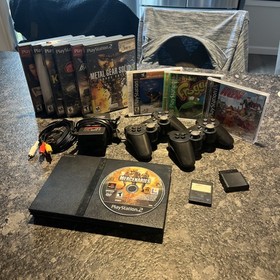 Sony PlayStation 2 Slim Console (SCPH-75001) 2 Wireless Controllers 10 Games