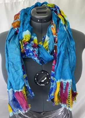 Cejon Colorful Scarf With Geometric Pattern Blue Yellow Pink Orange 70X23” - Image 1 of 4