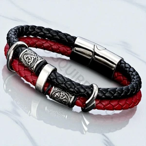 Viking Leather Bracelet Men Norse Runes Valknut Braid Stainless Steel Bangle - Picture 1 of 23