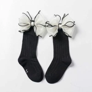 Black Soft Cotton Baby Socks Girls Big Bow Frilly Knee High Socks Princess Sock - Picture 1 of 12