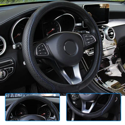 15" Leather  Car Auto Steering Wheel Cover for Good Grip Accessories Black-Blue - Image 1 of 4