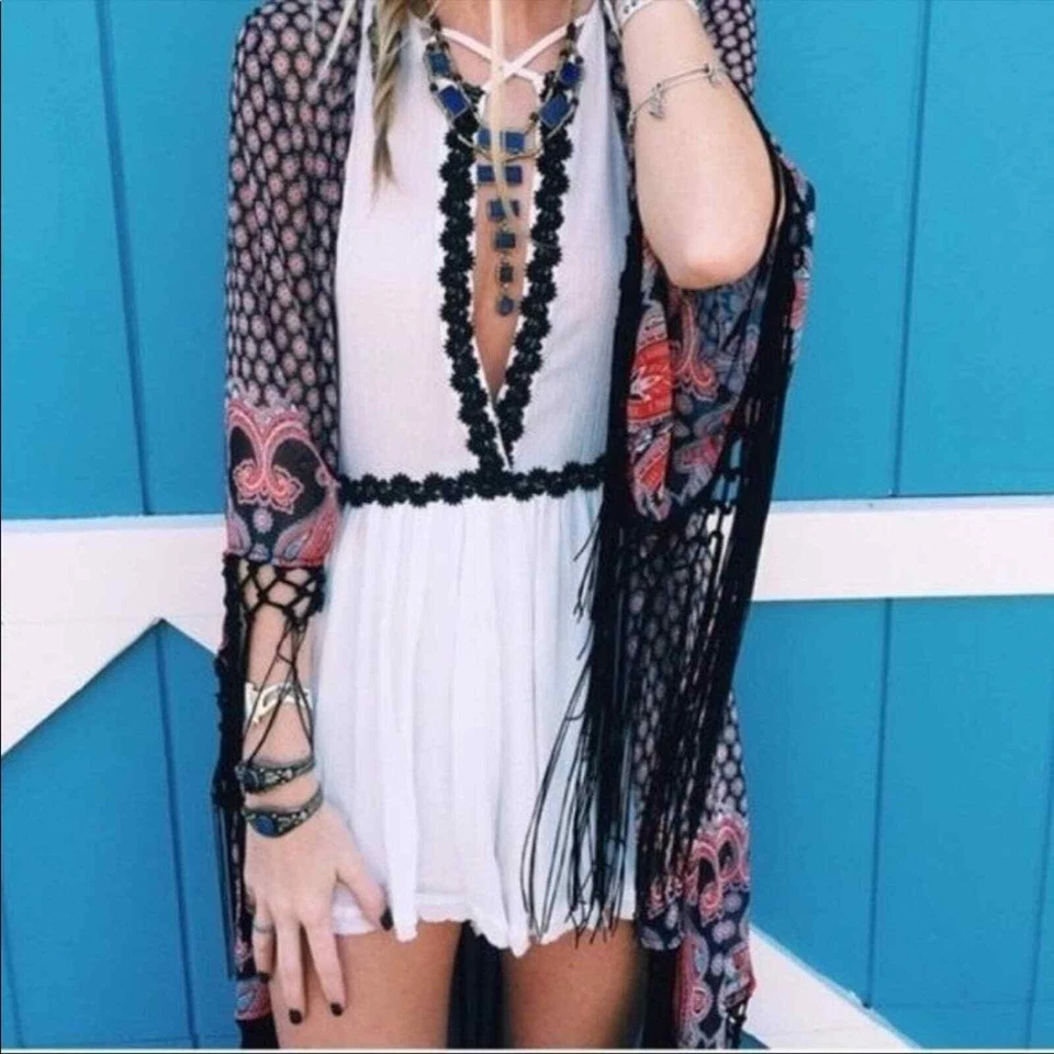 LF Indikah Romper White with Black lace trim Size Small - Image 1 of 4