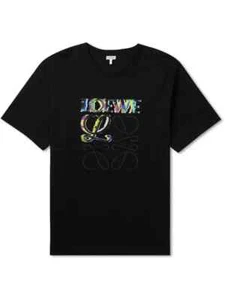 $490 T-Shirt Loewe Logo Stampa Glitch Cotone-Maglia | Nero Multicolore | Small - Foto 1 di 16