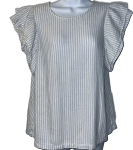 A NEW DAY  White Blue Stripe Top flutter Sleeve Blouse Woman’s Size Medium - Picture 1 of 6