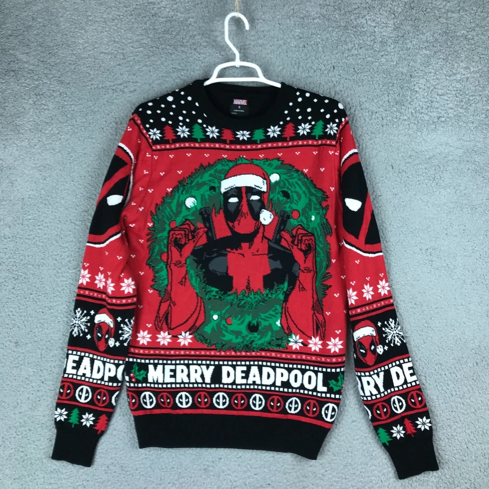Marvel Merry Deadpool Manga Larga Cuello Redondo Multicolor Tejido Navidad Suéter S Foto 1 de 4