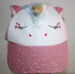 Girl's Unicorn Cap Pink & White Glitter Brim Colorful Hair Adjustable Summer NIP - Picture 1 of 6
