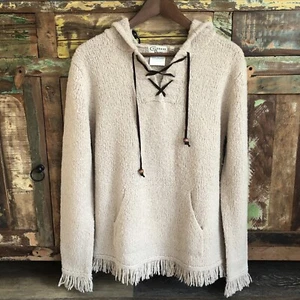 Carribean Pacific Lace Up Pullover Fringed Hoodie Sweater S Wool Blend Oversized - Picture 1 of 9