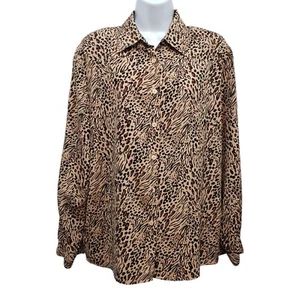 Vintage Karen Scott Blouse Animal Print Button Up Womens Office Tan Black Size M - Picture 1 of 11